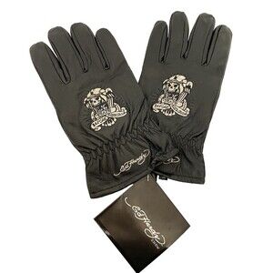 NWT Men's Ed Hardy Biker Gloves M Medium 100% Leather Black White Embroidered